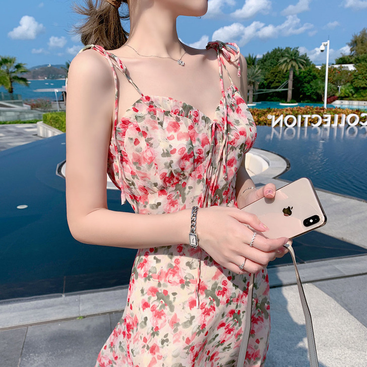 ByYou夏季粉色雪纺吊带碎花连衣裙收腰显...