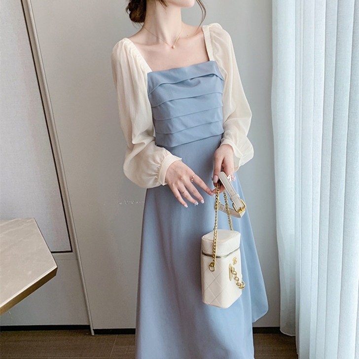 【包邮】2021年新款名媛气质长袖连衣裙中...