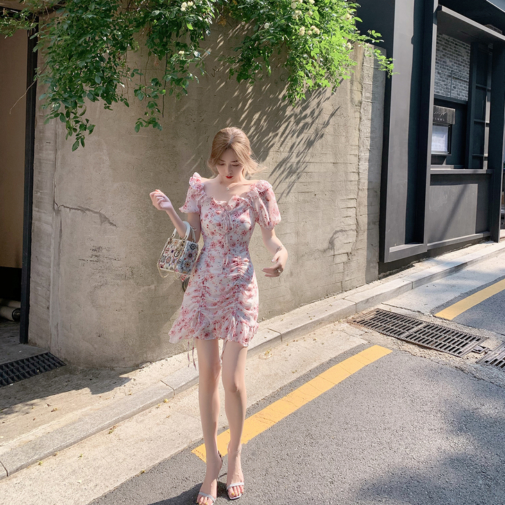 ByYou 夏季复古红色碎花雪纺连衣裙收腰...