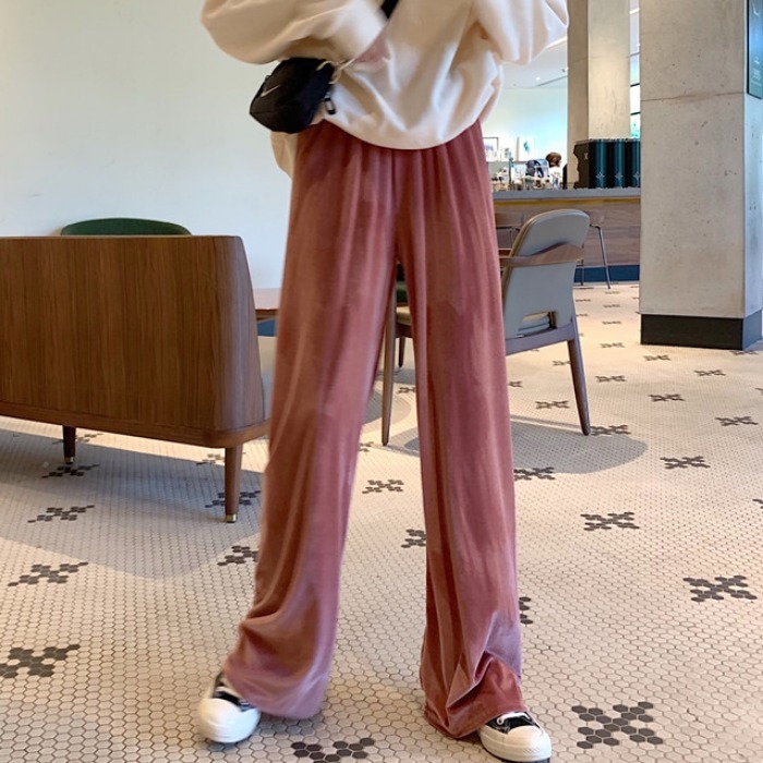 2020春季韩版垂感丝绒休闲裤宽松高腰阔腿...