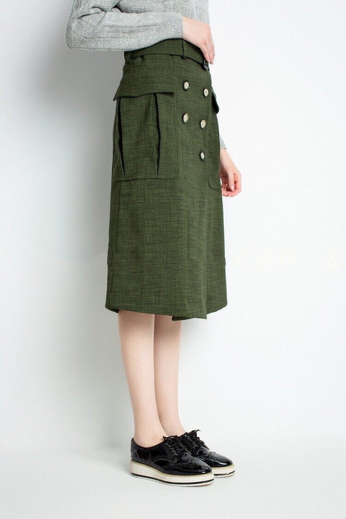 全新 高腰铅笔裙 草绿色亚麻裙  笔挺不易皱