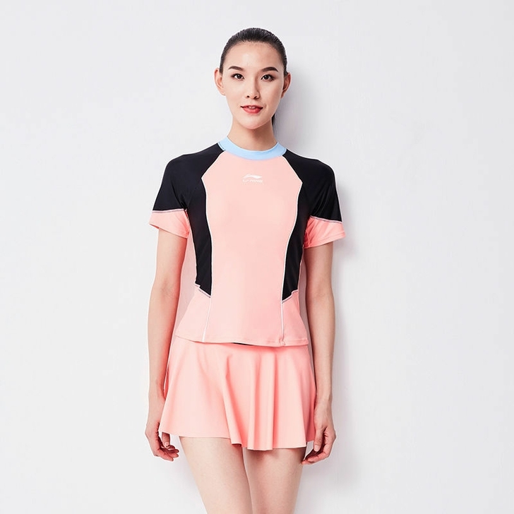 李宁新款泳衣女保守分体裙式遮肚显瘦学生泳衣...