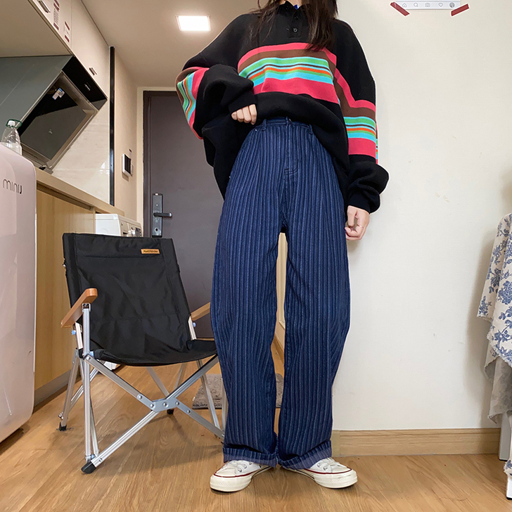 竖条纹牛仔裤女韩版宽松阔腿高腰直筒拖地显瘦
