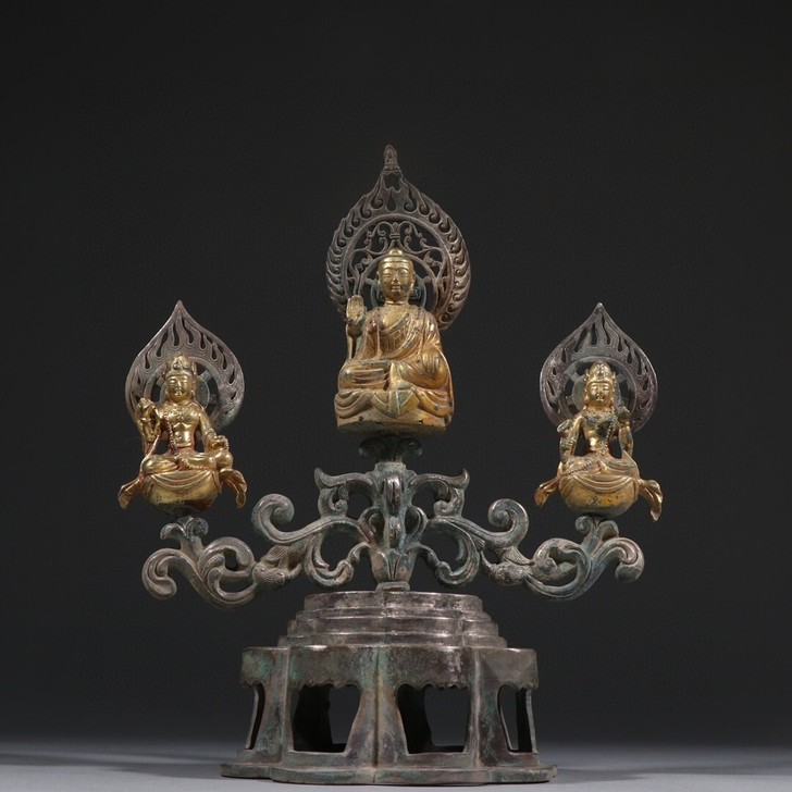 唐代 纯银鎏金三世佛摆件