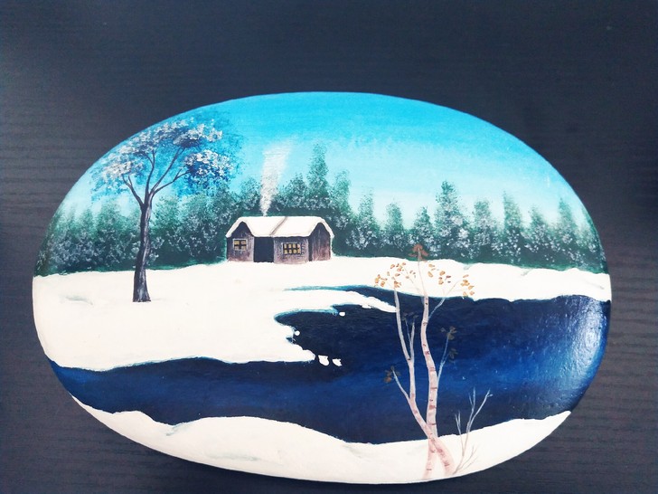 纯手绘石头画雪景 手绘作品 手绘工艺品