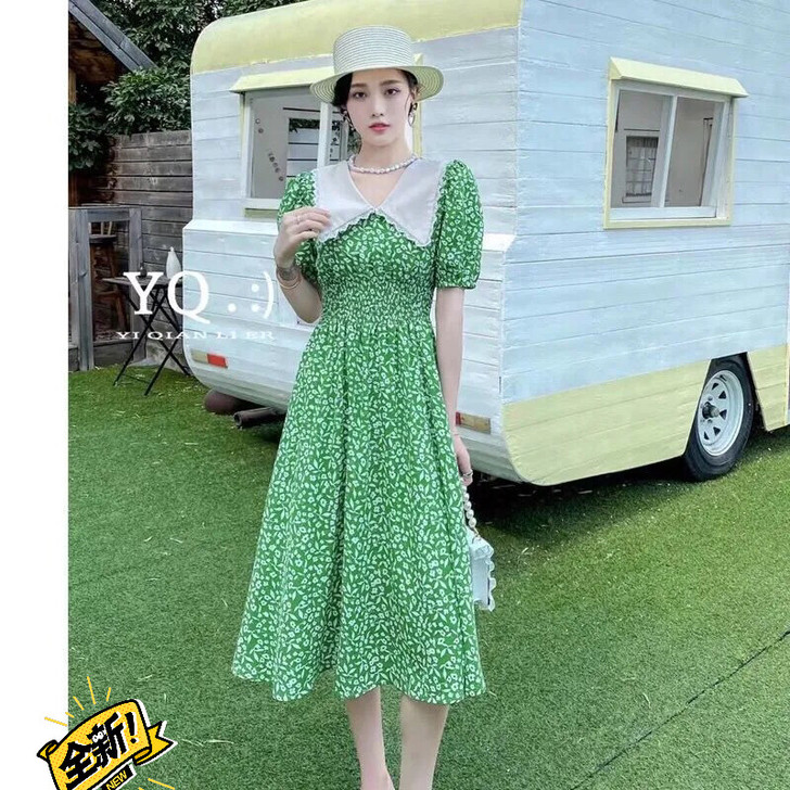 夏法式复古碎花雪纺连衣裙娃娃领裙子女