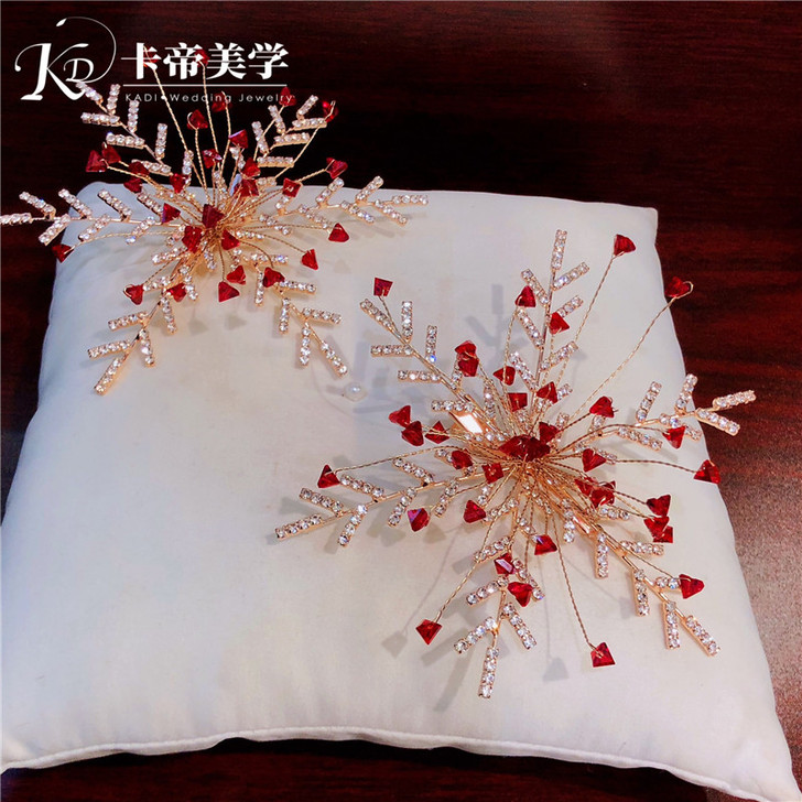 卡帝美学新娘饰品红色礼服一字夹发饰  浅金...