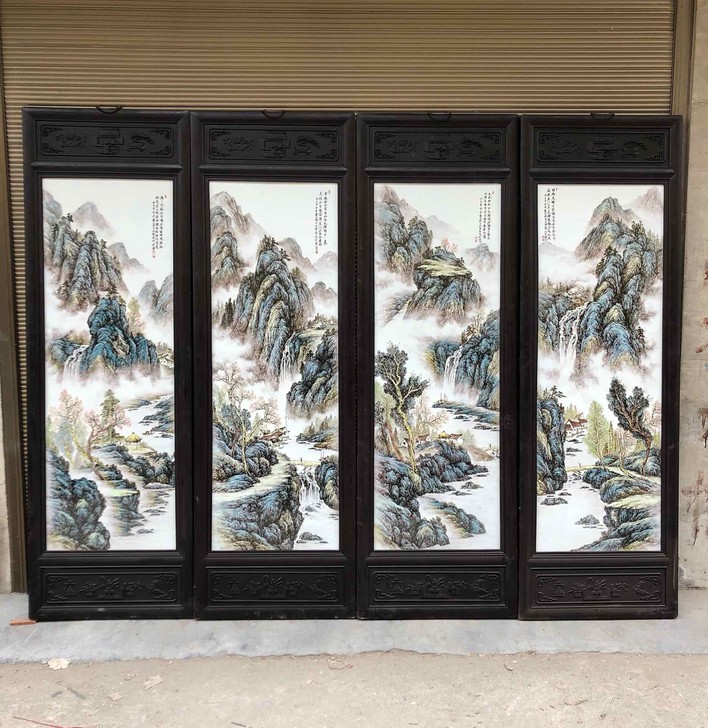 红木框内镶粉彩山水瓷板画超大四条挂屏 中式...
