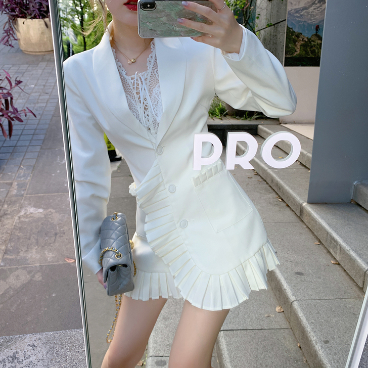 ByYou 春季时尚白色长袖收腰西装裙女新...