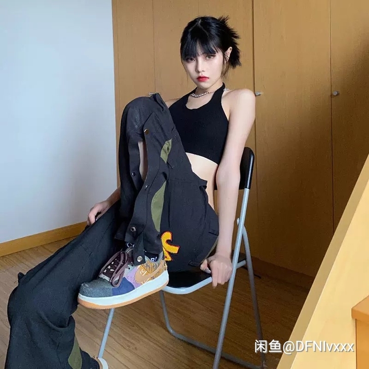 排扣裤子女美式高街头hiphop嘻哈双腰拼...