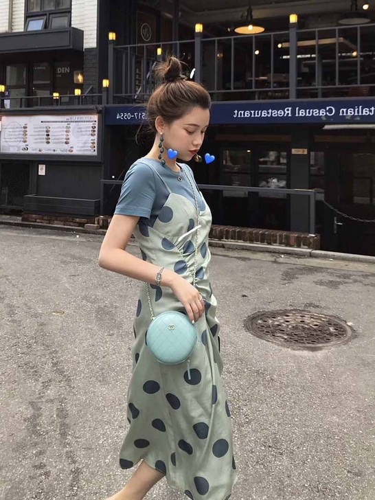 原宿风连衣裙复古港风新款桔梗裙圆领假两件#...