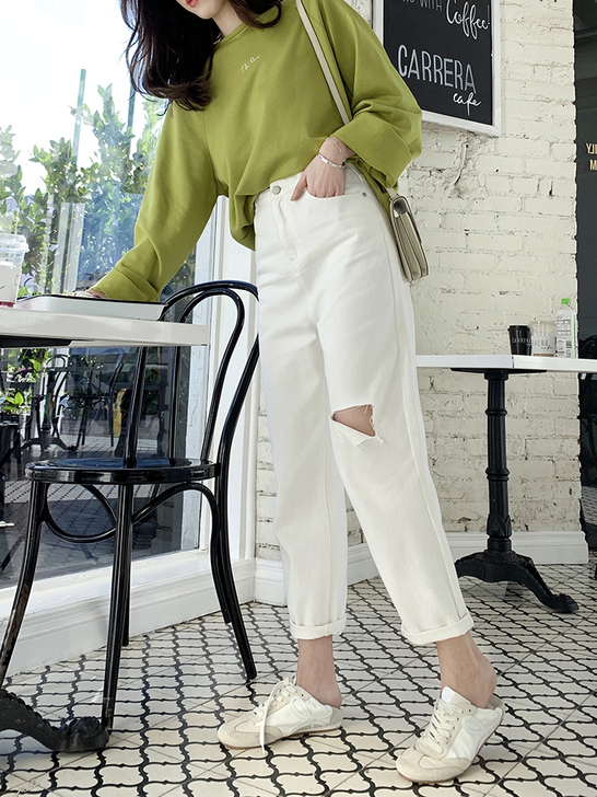 洋气宽松磨白破洞小脚牛仔裤女