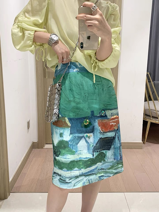 绿色油画镶钻高腰复古印花中长款修身后开叉包...