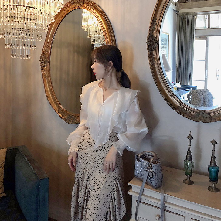 ByYou 灯笼袖荷叶边白色衬衫女网纱雪纺...