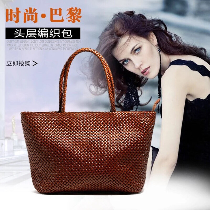 头层牛皮编织包女包复古手工大容量手提包bv...