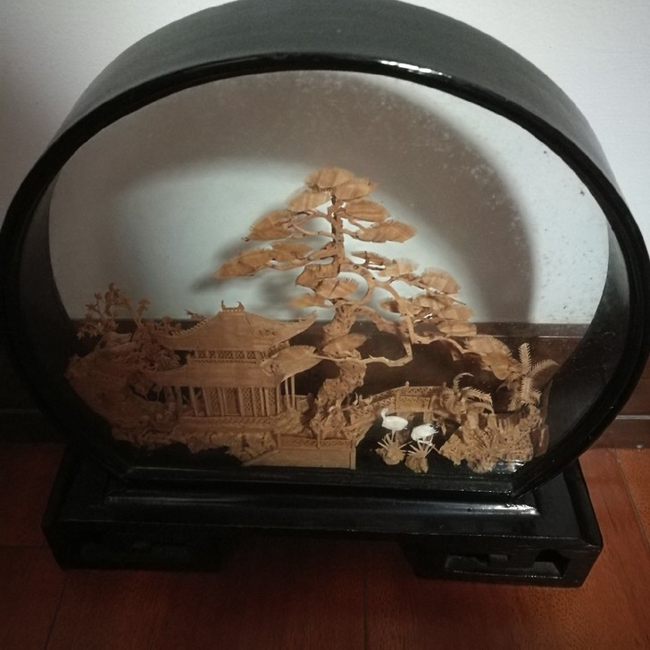 80年代福州软木画,老木头雕刻画,仙鹤山水...