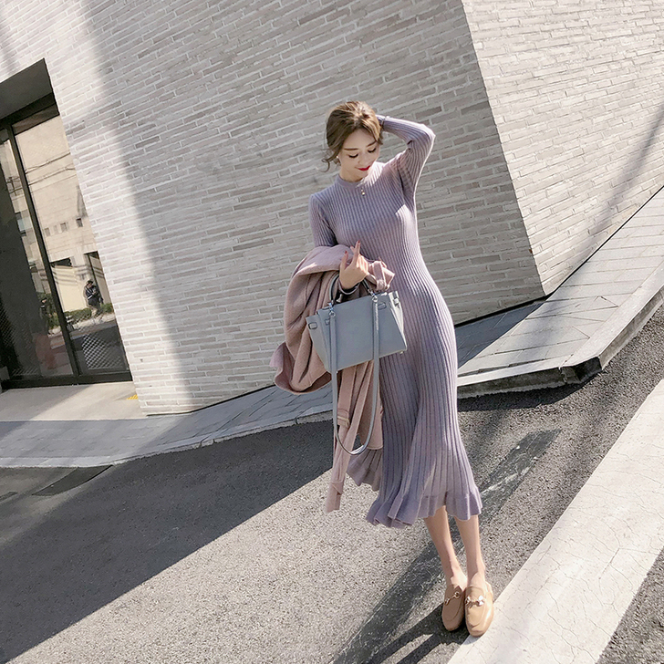 ByYou 秋冬长袖收腰针织连衣裙2018...