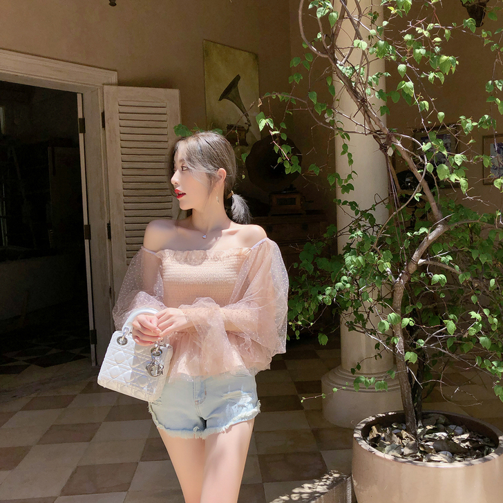 ByYou 春夏一字领收腰露肩雪纺衫女短款...