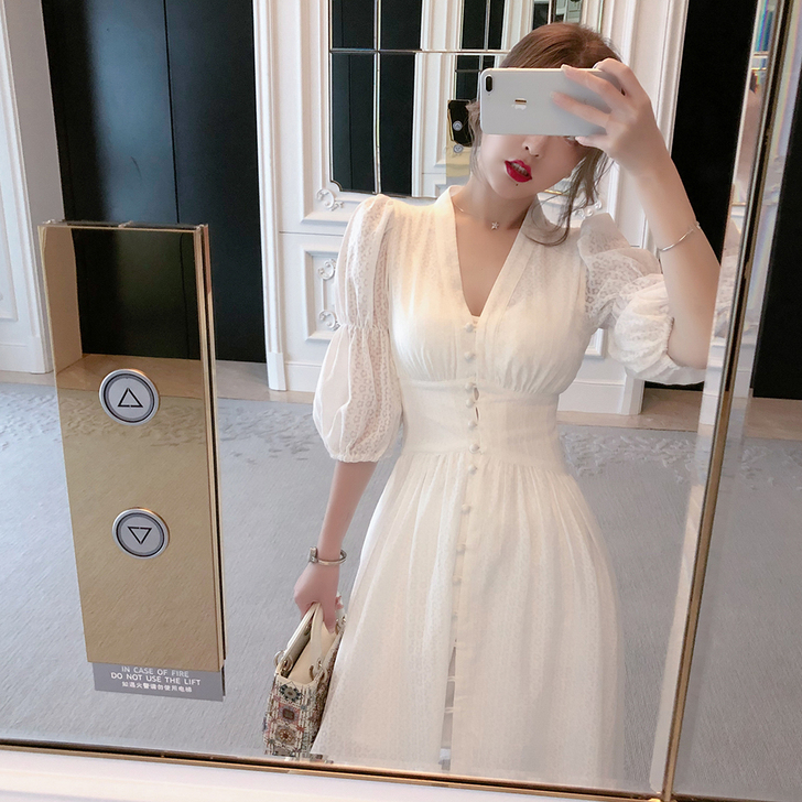 Byyou 夏季泡泡袖V领白色连衣裙收腰气...