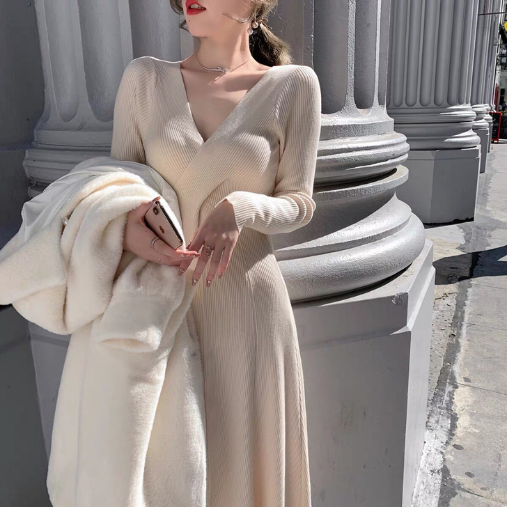 ByYou春季新款收腰显瘦长袖v领针织打底...