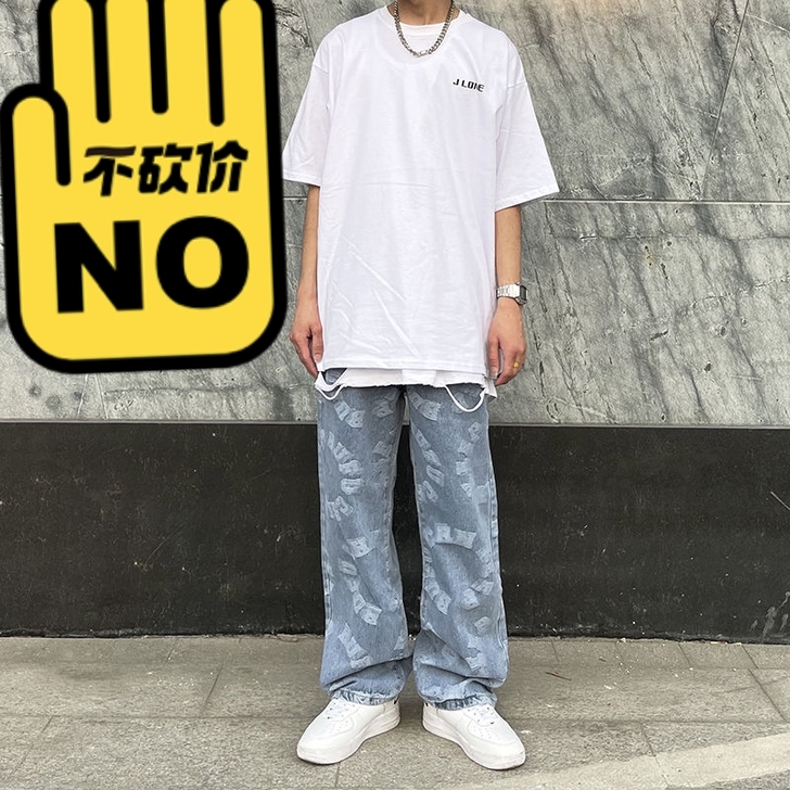 欧美高街字母提花牛仔裤男2021潮牌复古宽...