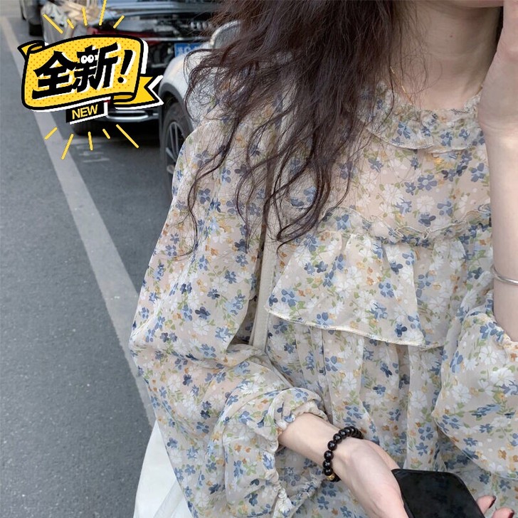 仙气小碎花雪纺衫女2021春季新款韩版宽松...