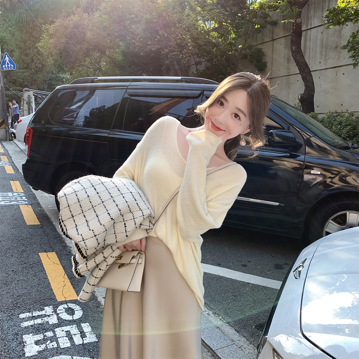ByYou 初秋慵懒风超薄羊绒毛衣女套头韩...