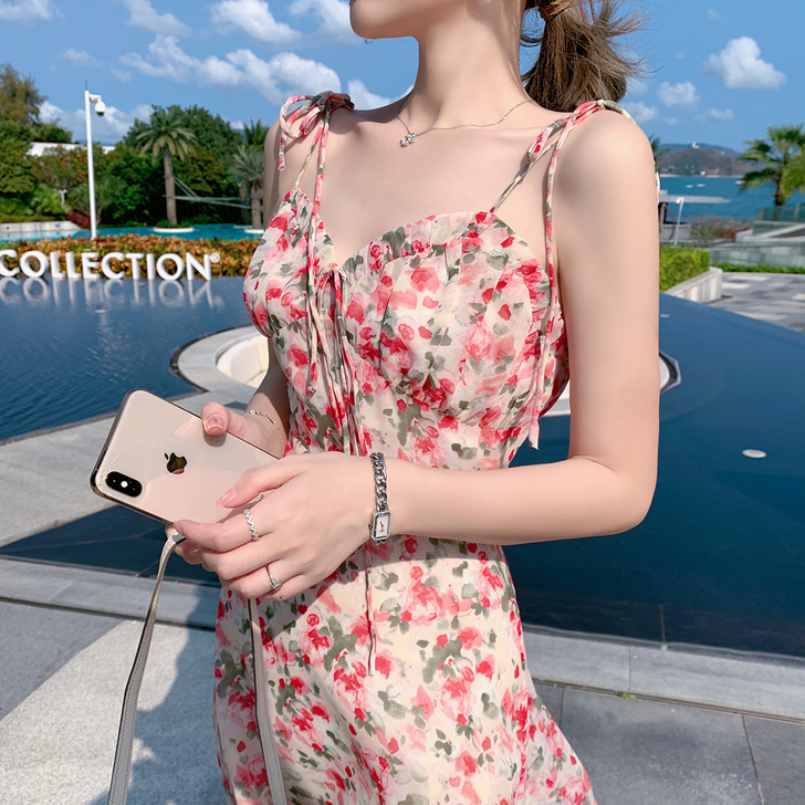 ByYou春夏粉色雪纺吊带碎花连衣裙收腰显...