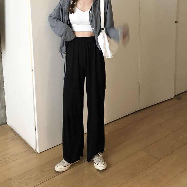 乌77冰凉感铜氨丝休闲裤长裤韩版松紧显瘦阔...