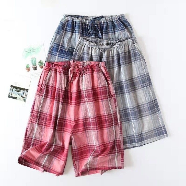 纯棉水洗布男士条纹格短裤