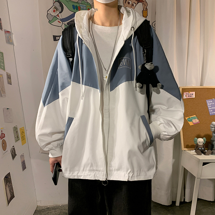 春季新款夹克男宽松大码连帽拼色外套港风潮牌...