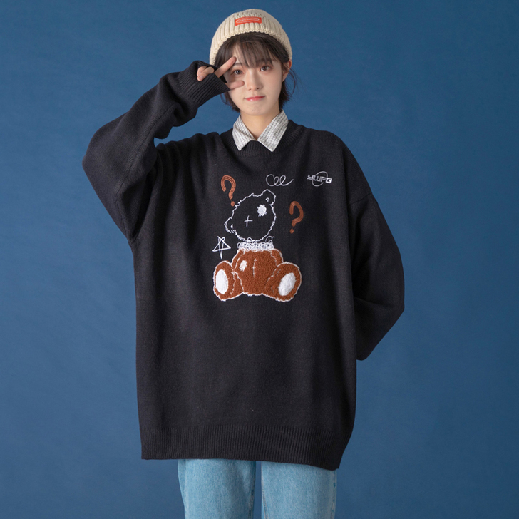 小熊毛衣外套女潮宽松外穿早秋针织衫上衣##...