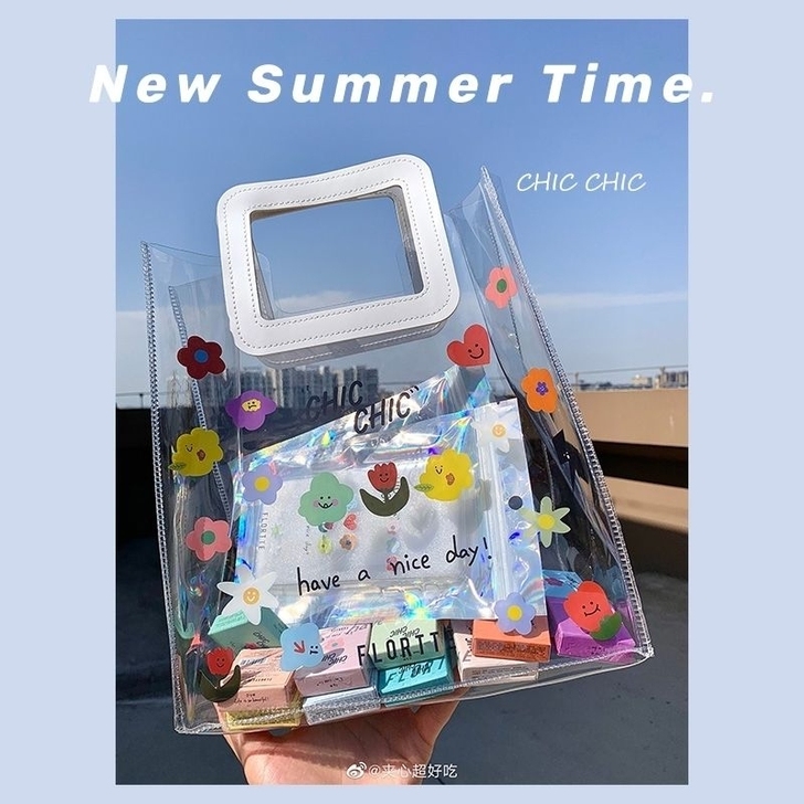 ins日系高颜值透明碎花PVC手提袋收纳袋...