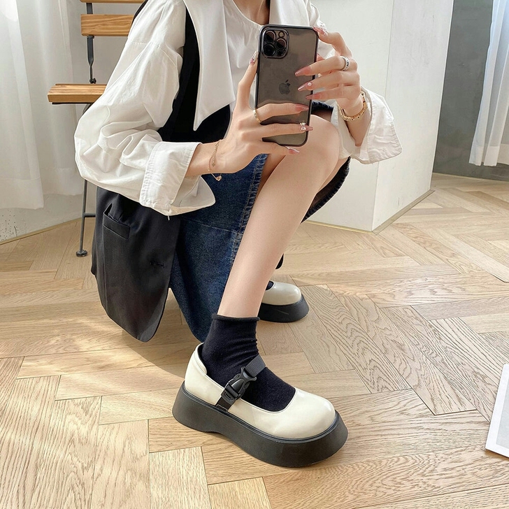 复古圆头一字带厚底玛丽珍单鞋2021夏季新...