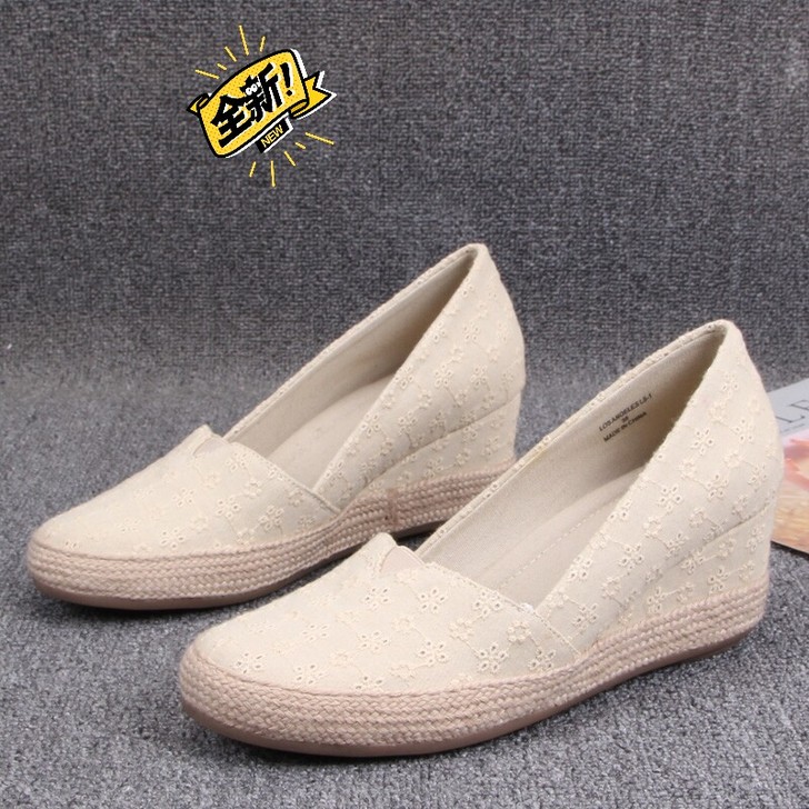 2021欧美风春秋新款绣花布圆头坡跟女鞋麻...