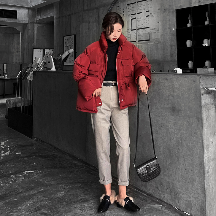 酒红色棉服女短款冬季韩版宽松小个子