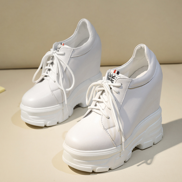 白色内增高女鞋14cm百搭坡跟老爹鞋女超高...