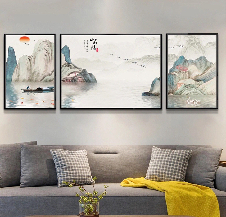 新中式客厅装饰画三联画沙发背景墙山水挂画中...