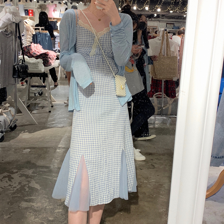 胖子王老板 蓝色连衣裙