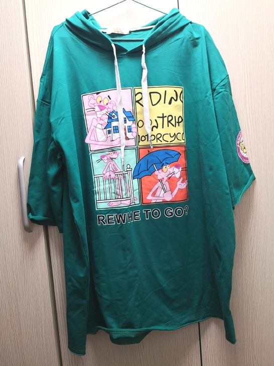 欧货嘻哈风大码连帽粉红豹四宫格全棉宽松长T...