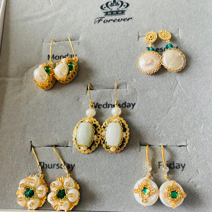 专柜手工款真珍珠巴洛克镀金耳环耳钩款