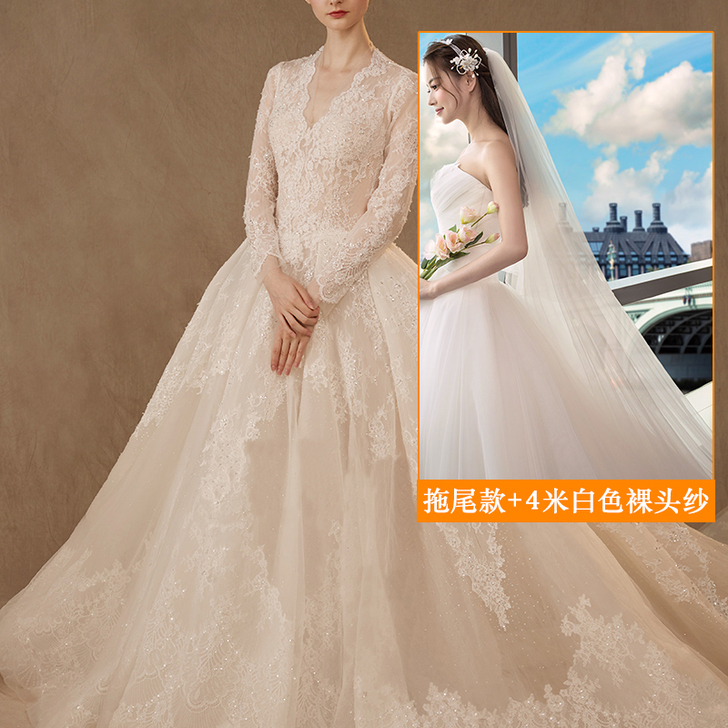 长袖主婚纱礼服新娘2018新款法式赫本一字...