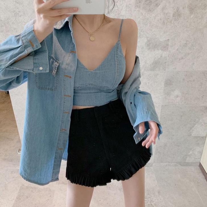 2020夏季新款港味复古宽松牛仔长袖衬衫外...