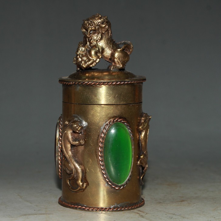 古玩小物件 镶嵌宝石纯铜镀金牙签盒摆件