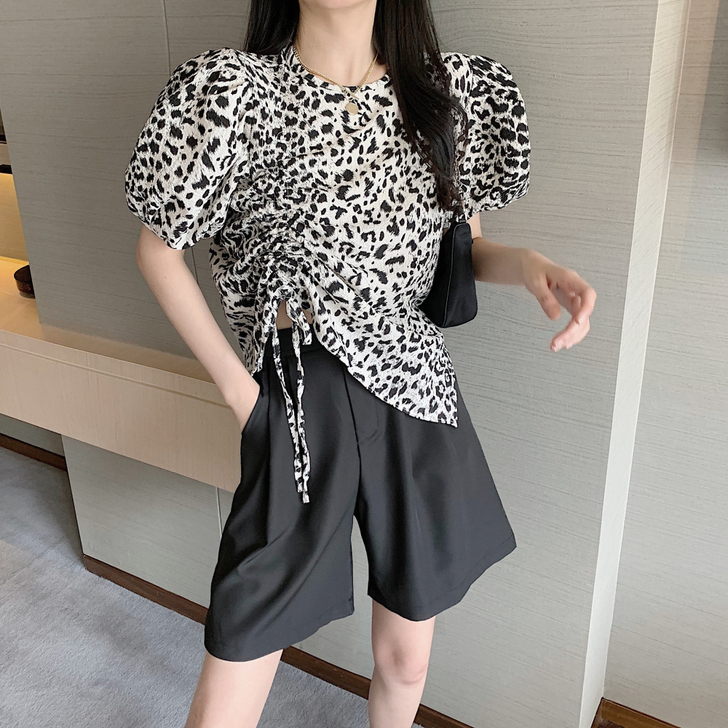 2020夏季女装韩版复古豹纹抽绳褶皱T恤女...