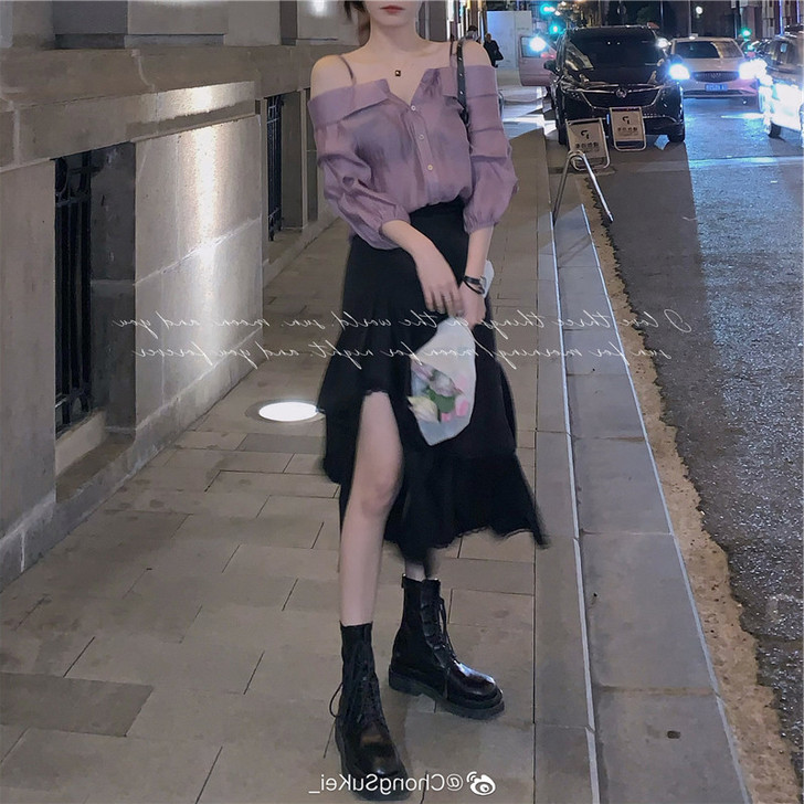 黑色不规则开叉半身裙女夏蕾丝花边蛋糕裙气质...