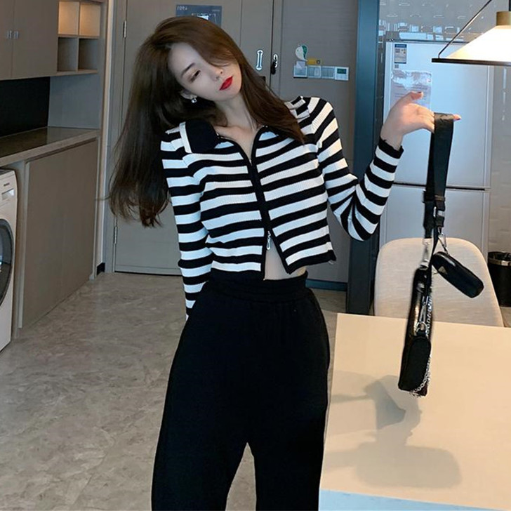2020年秋装新款港味时尚条纹修身显瘦拉链...