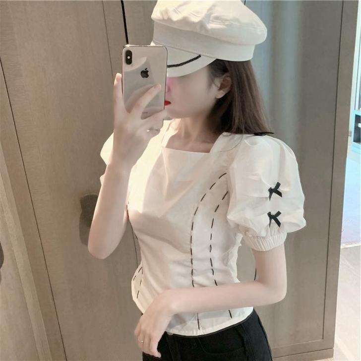 女装夏装2021新款设计感复古法式泡泡袖短...