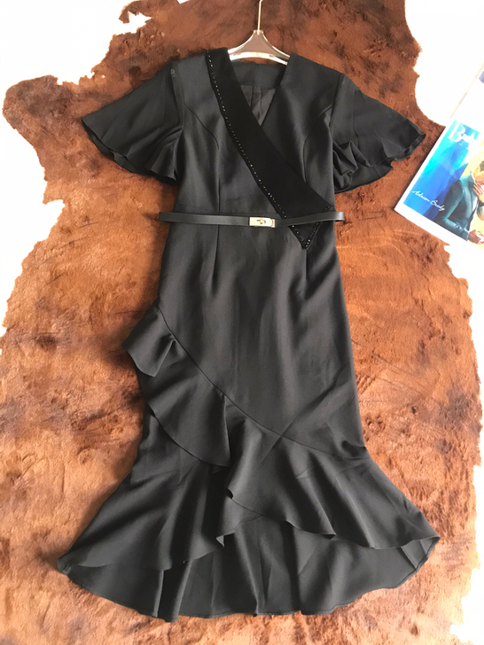 顶级奢华意大利品牌重工镶钻黑色连衣裙