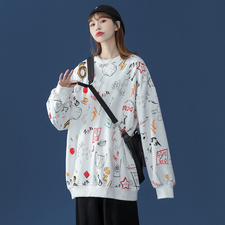 涂鸦卫衣女潮ins炸街嘻哈上衣春秋宽松bf...